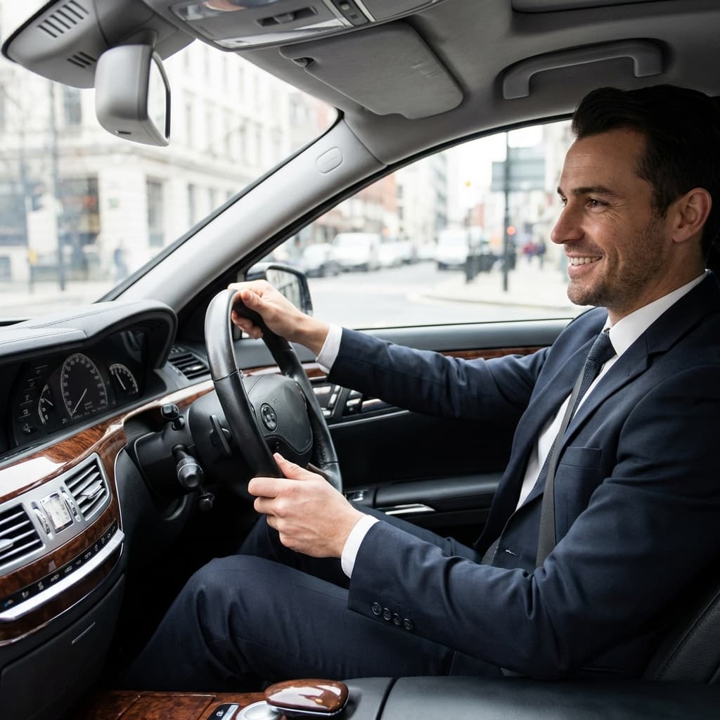 Licensed Auzzie chauffeur in professional silver-service uniform ready for passenger pickup